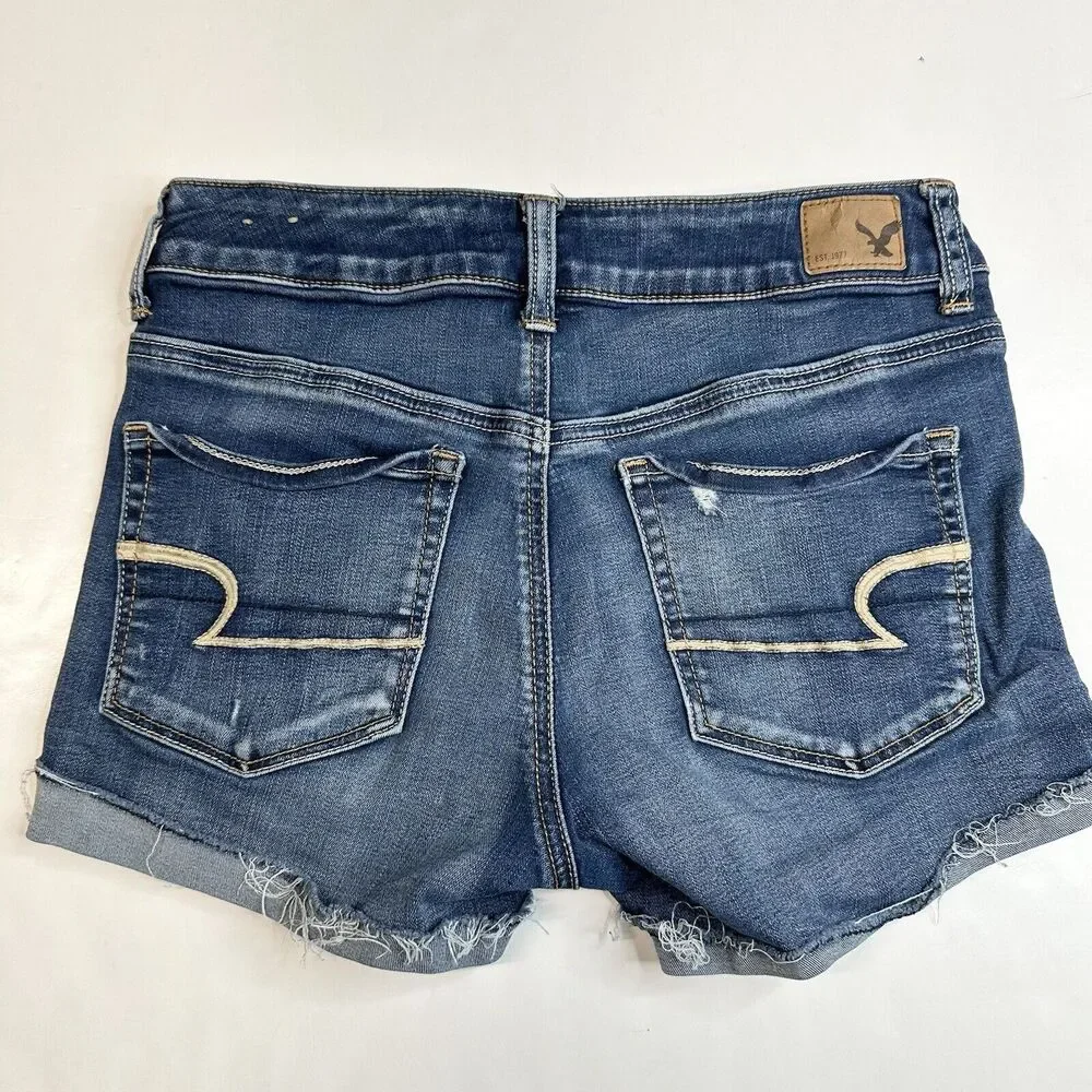 American Eagle Shorts Shortie 6 Super Stretch Denim Blue Jean Cuffed Distressed